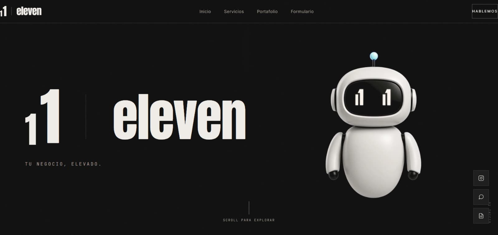 Eleven — Hero con logo y mascota robot