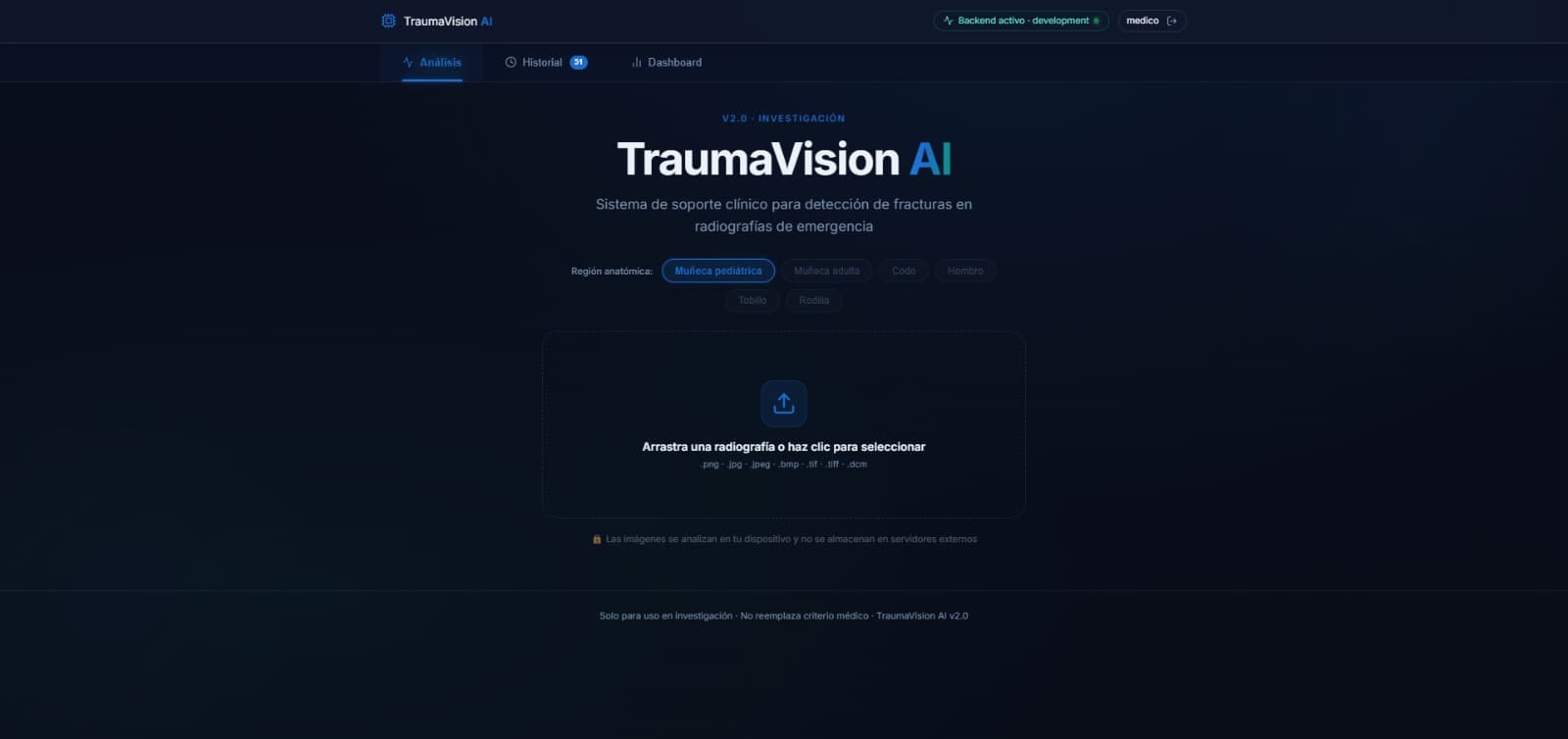 TraumaVision — Upload UI with anatomical region selector