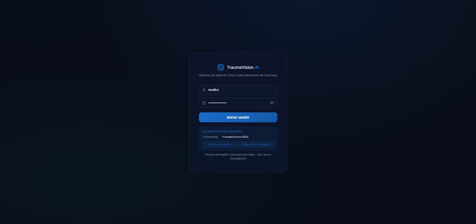 TraumaVision — Login screen